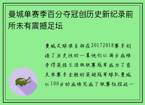 曼城单赛季百分夺冠创历史新纪录前所未有震撼足坛