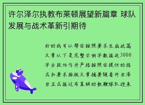 许尔泽尔执教布莱顿展望新篇章 球队发展与战术革新引期待 许尔泽尔执教布莱顿展望新篇章 球队发展与战术革新引期待