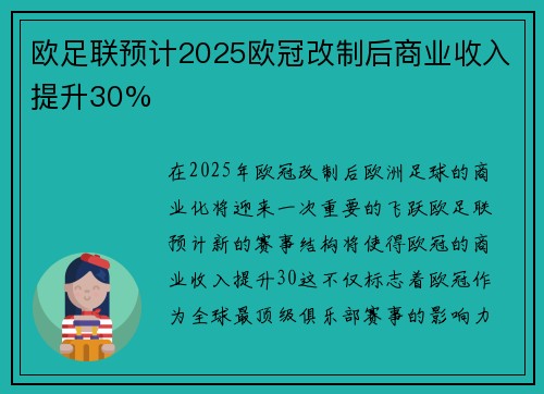 欧足联预计2025欧冠改制后商业收入提升30% 欧足联预计2025欧冠改制后商业收入提升30%